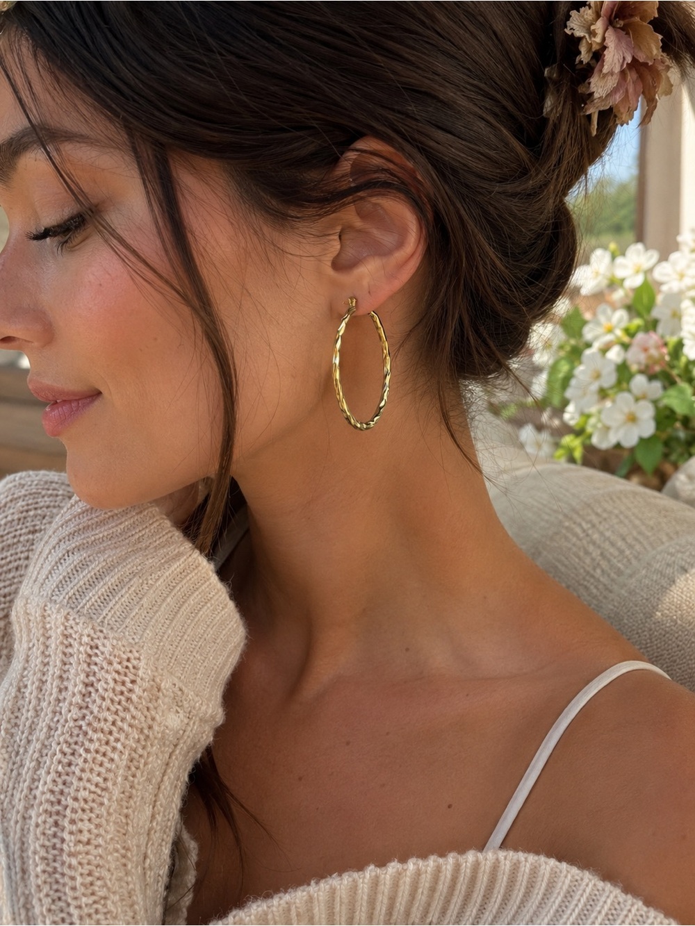 14K Gold Plated Textured Oval Hoop Earrings